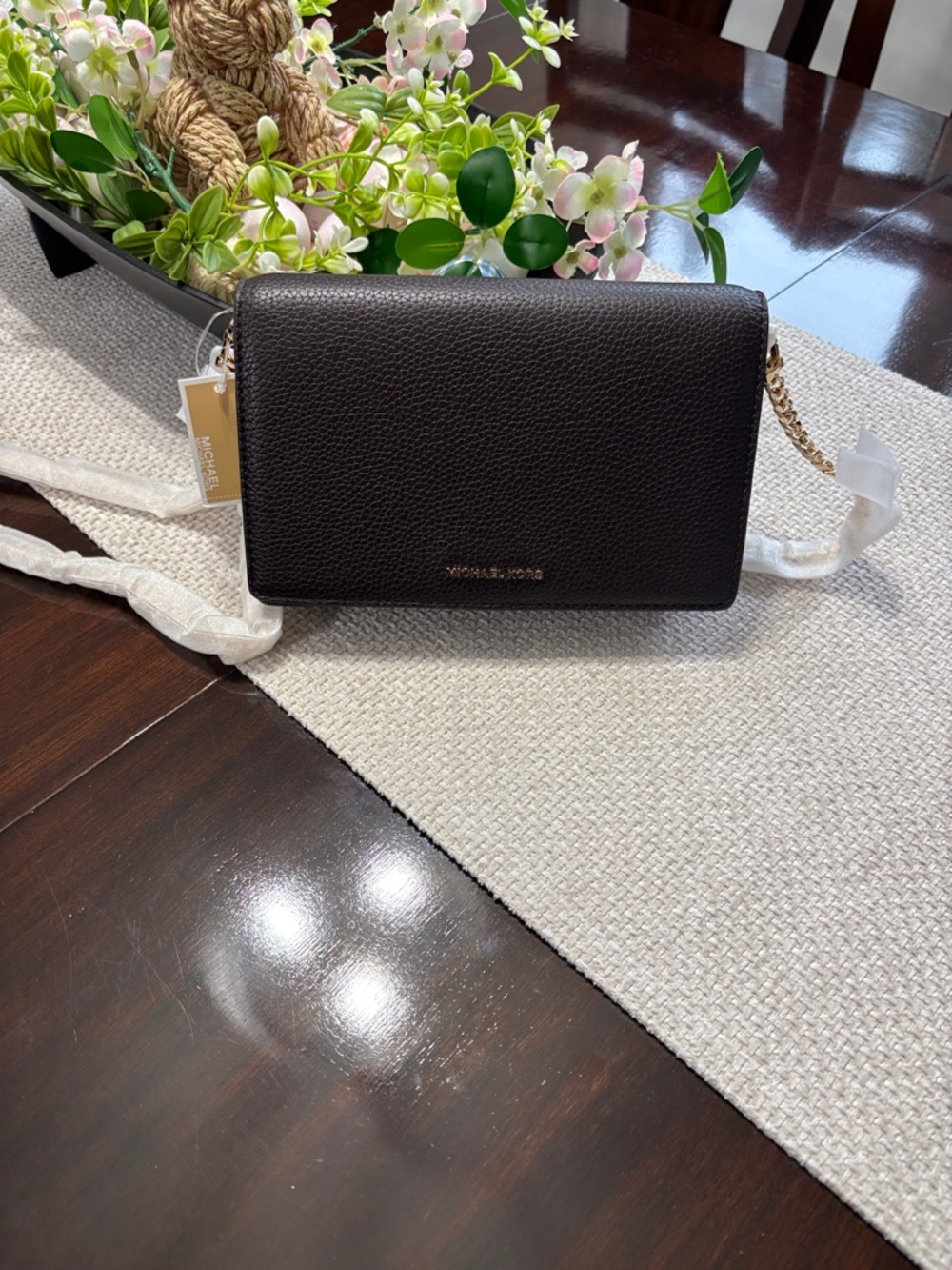 Michael Kors Jet Set Dark Brown Pebbled Leather Crossbody with Gold Chain NWT